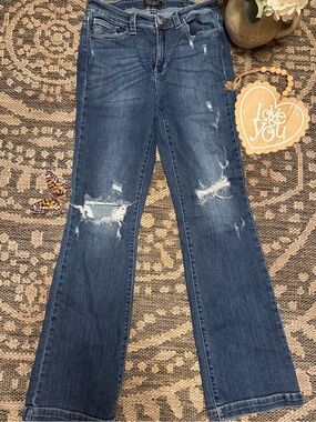 Judy Blue Medium Dark Blue Distressed Flare Jeans